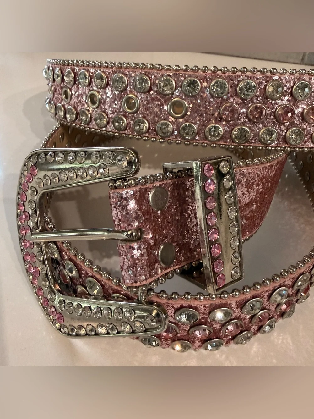Quality rhinestone, glitter leather, silvertone grommet western belt- 37-43